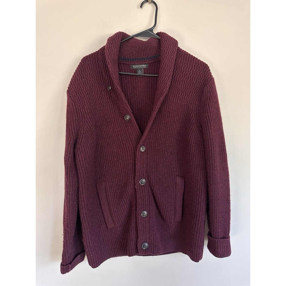 Banana Republic Mens LARGE Italian Recycled Wool Cardigan Burgundy Shawl Collar
